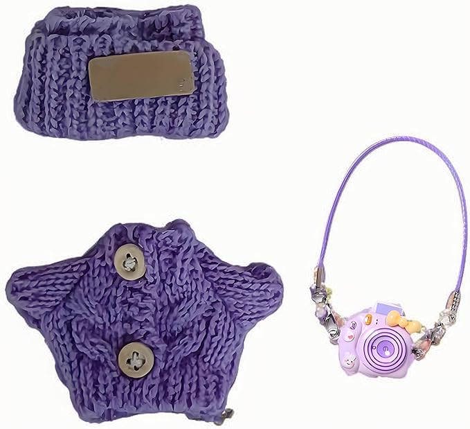 Clothes for Doll, 3 Piece 17cm Doll Clothes, Stylish Hat & Overalls & Small Camera Outfit Set, Suitable for Dolls Accessories (NO Doll) (Purple)