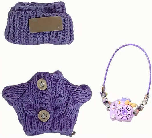Clothes for Doll, 3 Piece 17cm Doll Clothes, Stylish Hat & Overalls & Small Camera Outfit Set, Suitable for Dolls Accessories (NO Doll) (Purple)