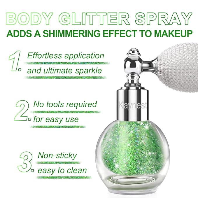 Green Face and Body Highlighter Spray for St. Patrick's Day Makeup, 0.14oz | High Gloss Powder, Waterproof Shimmer Spray for March 17th Mardi Gras Carnival Music Festival Outfits Rave Accessories