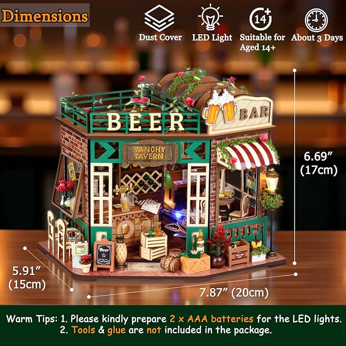 TuKIIE DIY Miniature House Kit with Furniture, 1:24 Scale Creative Room Mini Wooden Dollhouse Book Nook for Kids Teens Adults(Beer Bar)