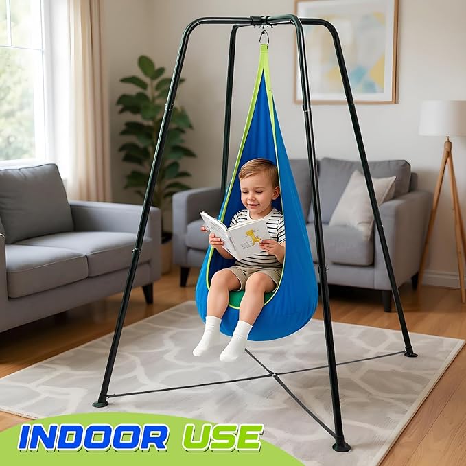 Sensory Swing Stand Frame with Pod Chair and Swings Set Kid Heavy Duty Metal Swing Stands Autism Hammock Chair Stand Tree Saucer Round for Kid Adult Indoor Outdoor Backyard Park(Blue)