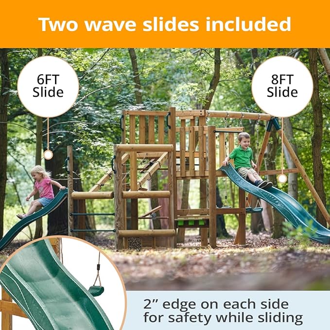 Plum Discovery Wood Swing Sets for Backyard, Kids Yard Play Equipment, Outdoor Toddler Swing with Slide, Monkey Bars, Climbing Bridge, Painting Easel, Built-in Planter Box, Weatherproof, Age 3+ Yrs
