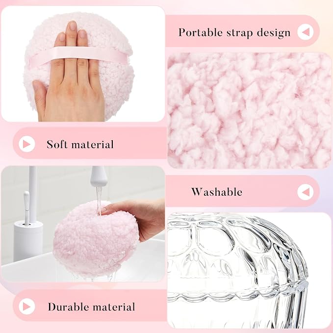 Tioncy 2 Pcs Extra Large Dusting Powder Puff and Container for Women-6'' Glass Crystal Dusting Powder Container Soft Washable Reusable Velour Face(Clear,Apple)