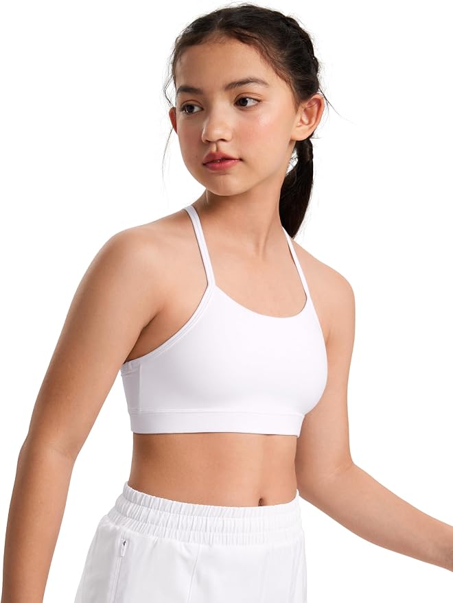 CRZ YOGA Girls Butterluxe Y Back Sports Bra - Yoga Athletic Casual Tops Scoop Neck Spaghetti Strap Padded Crop Kids Teen