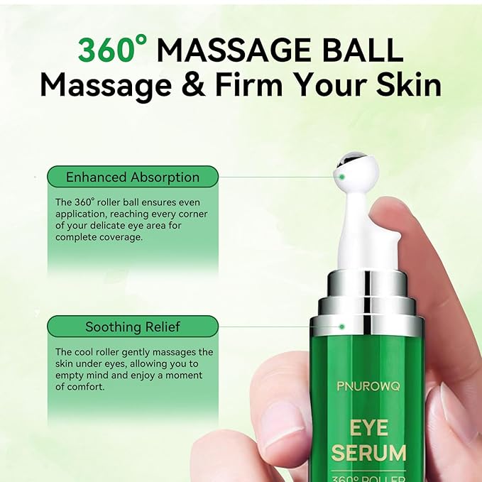 5% Caffeine Eye Cream, Under Eyes Serum for Dark Circles and Puffiness, 360° Massage Roller Ball Eye Bags Treatment Serum, Reduces Wrinkles Fine Lines for Women