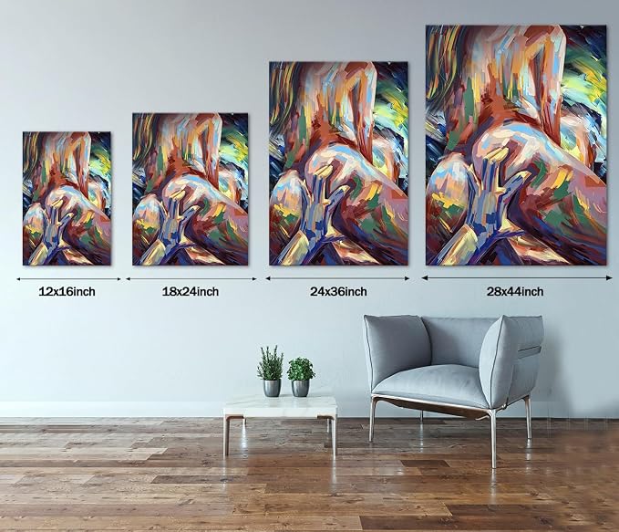 Yeesjoee Sexy Nude Woman Wall Art Canvas Prints, Abstract Body Painting Vibrant Color & Modern Bold Brushstroke, Lovers Posters Decor for Bedroom Sexual Bathroom Laundry Ready to Hang, 12x16 in Framed