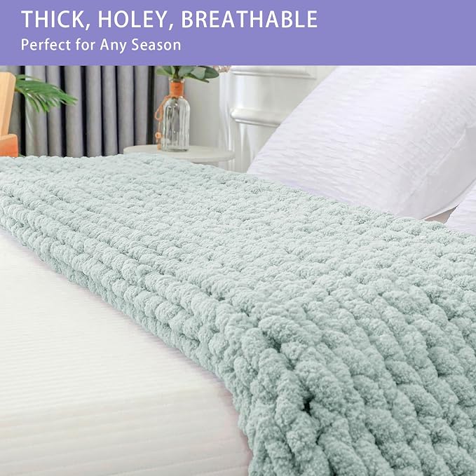 Bigacogo Chunky Knit Throw Blanket for Couch, 40x60 inches, Mint | Hand Knit with Jumbo Chenille, Soft Breathable Cable Knit for Sofa Bed Living Room, Machine Washable, Gift for Mom Friend