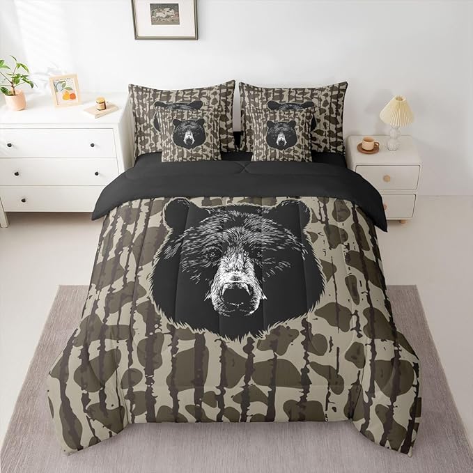 Feelyou Camouflage Camo Bear Comforter Set with Sheets 7 Piece King Size Hunting Wild Animal Deer Bed in a Bag Kids Boys Girls Rustic Farmhouse Bedding Set Bedroom Decor Soft Lightweight Microfiber