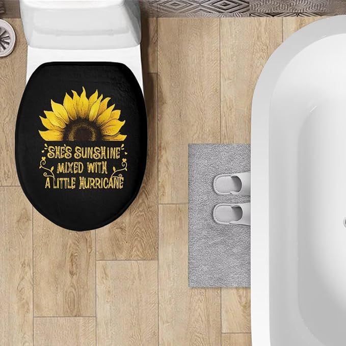 Sunflower Toilet Lid Cover Set with Elastic Band Hippie Sunflower Toilet Seat Cushion Cover Replacement for Bathroom Decor Machine Washable Polyester Fabric Bathroom Covers
