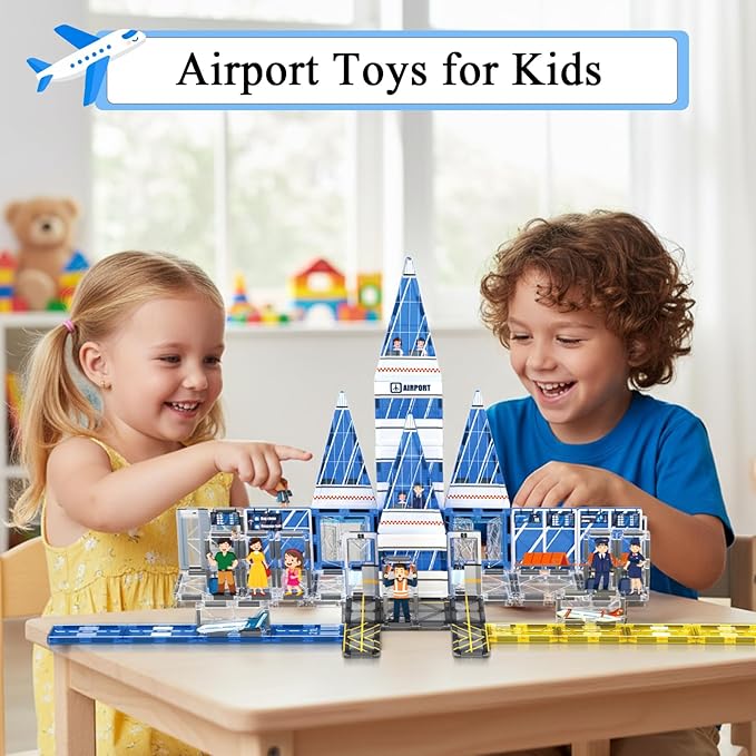 Magnetic Tiles, 54PCS Airport Theme Building Blocks Set, Magnet Building Blocks and STEM Preschool Educational Toys for Kids Toddlers Ages 3-5 5-7 8-10