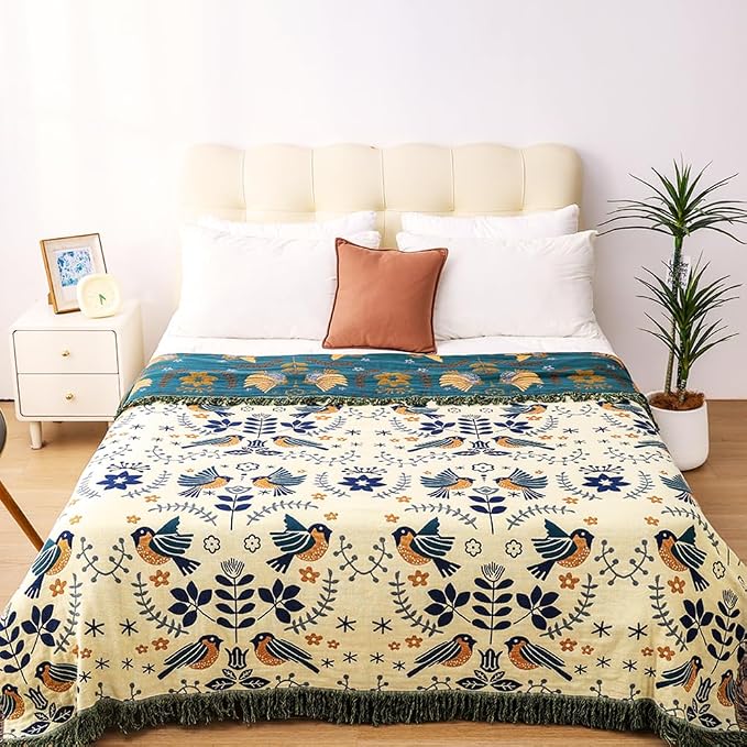 VANJOROY Boho Large Throw Blanket for Bed, 100% Muslin Cotton Soft Breathable Throw-Floral Bird Rustic Decor Blanket for Couch Sofa Quilt and Gift, 60" x 80"-Teal/Beige