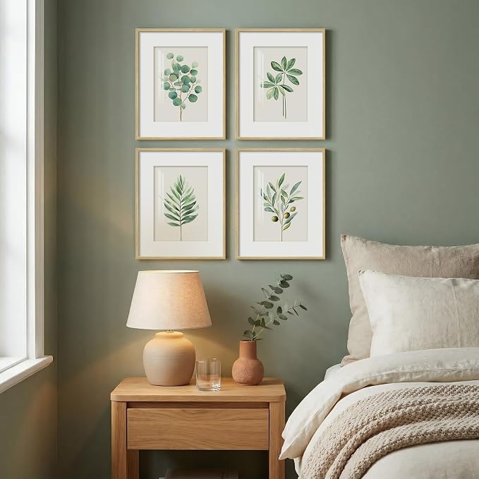 Framed Minimalist Sage Green Botanical Kitchen Wall art, 4 Piece 8x10 In | Green leaf plant pictures, Boho modern farmhouse wall decor, Plexiglass with mat prints, Bedroom bathroom hallway decor