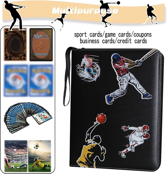 Large Capacity Sports Card Binder with Zipper, 9 Pocket, Fits 900 Cards, Waterproof, Durable PU Leather Exterior