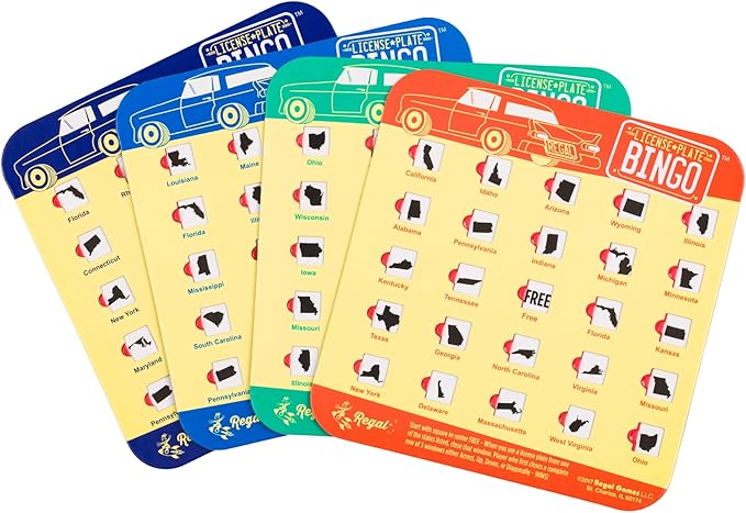 Regal Games Finger-Tip Shutter Bingo Cards with Sliding Windows - License Plate & Travel Bingo Game Set for Adults & Kids - Reusable, No Chips & Daubers Needed - 4 Packs - Yellow