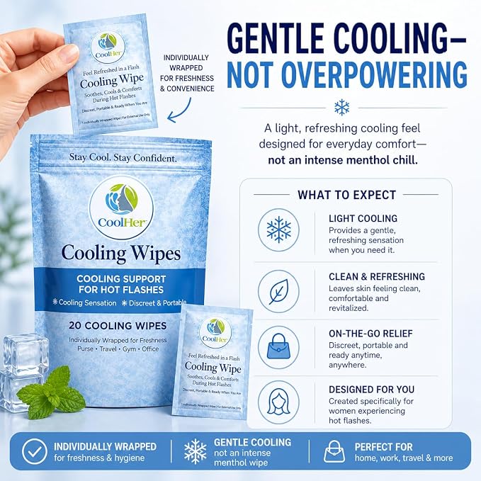 Cooling Wipes for Women – Gentle Cooling for Hot Flashes, Hot Weather & Travel – Individually Wrapped Cooling Wipes – Not Overpowering (20 Count)