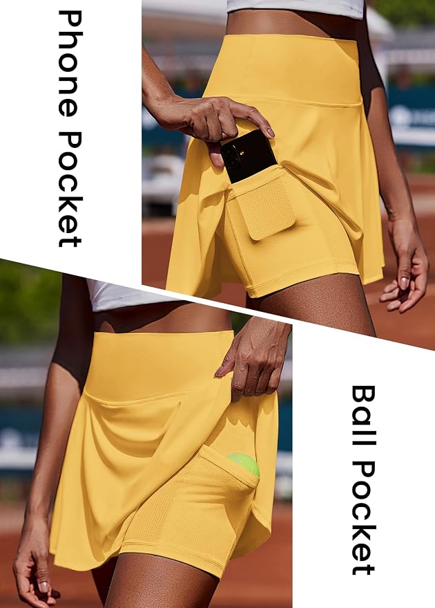 PINSPARK Womens Tennis Skirt Pleated Athletic Golf Skorts with Pockets | 3.5" High Waisted, Mesh Built-in Shorts, Mini Skirt, Buttery-Soft, Quick-dry, for Tennis, Golf, Pickleball, Casual