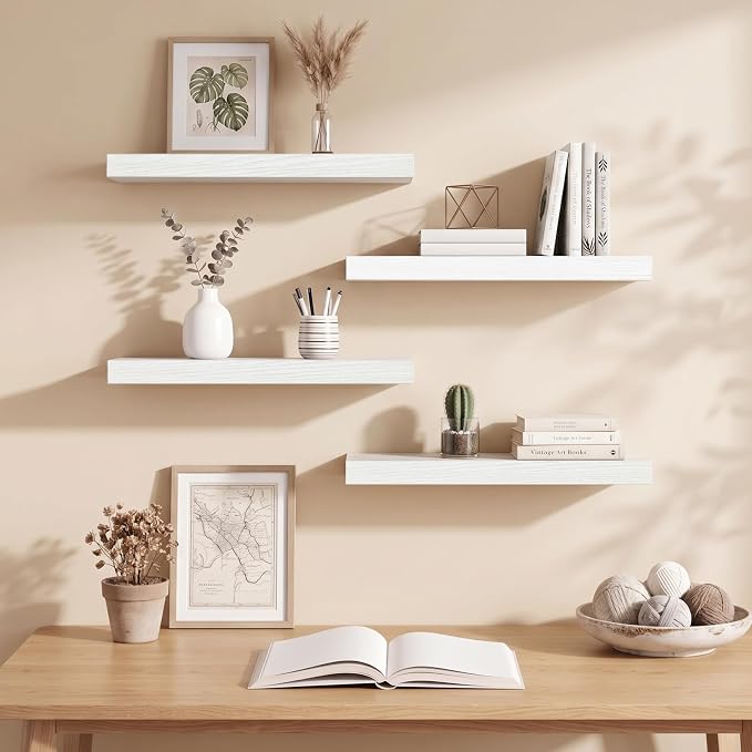 Fixwal White Shelves for Wall, 15.7in Rustic Wood Finish Floating Wall Shelves Set of 4, Shelves for Wall Decor, with Invisible Brackets for Bathroom, Living Room,Bedroom and Kitchen
