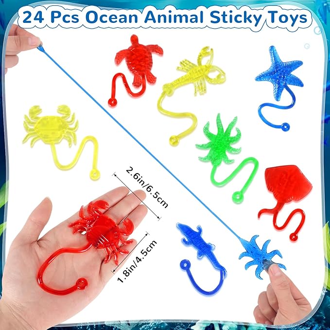 24PCS Ocean Animal Sticky Hands Toys for Kids, Rubbery Stretchy Sticky Goodie Bag Stuffers Toys for Party Favor Supplies, Colorful Sea Sticky Toy for Boys Girls Classroom Prizes