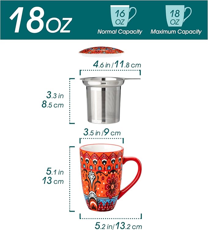 vancasso Ceramic Tea Cup with Infuser and Lid, 18 Ounce Tea Infuser Mug for Loose Leaf Tea, Microwave & Dishwasher Safe, Bohemian Mandala, Gift for Tea Lovers, Crimson Sunburst