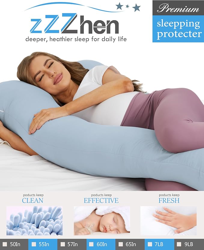 ZZZhen Pregnancy Pillow for Sleeping, U Shaped Maternity Pillow - 56 Inch with Grey Microfiber Removable Cover, Multi- Use and Support Back, Hips, Legs, Belly for Pregnant Blue Women Sleeping