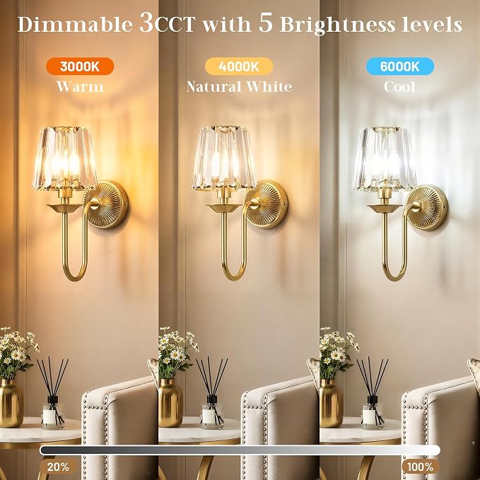 Brass Battery Operated Wall Sconces Set of Two, Crystal Wireless Rechargeable Wall Lights with Remote, Dimmable 3 CCT and 12 RGB Cordless Wall Lamps for Bedroom Living Room Hallway Decor