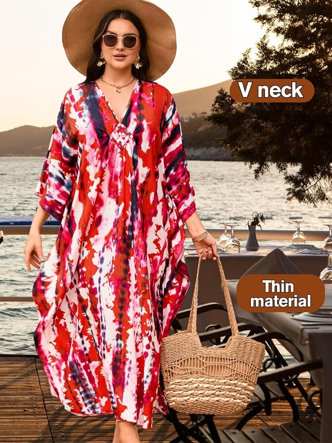 ChiaoLezhee Print Moo-Moos for Women, Kaftan Cover-Up Dresses, Sexy V-Neck High-Slit, Beach Pool-Party Coverups Muumuu Plus