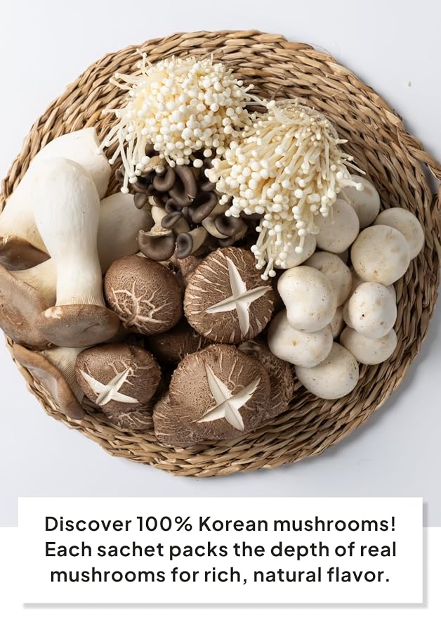 Korean Food Mushroom Broth Soup, Stock Bags, Vegan Umami, 10 Packs 50g | Vegan mushroom broth stock bags with rich umami flavor for soups, stews, and noodles. Includes 10 convenient broth packets.