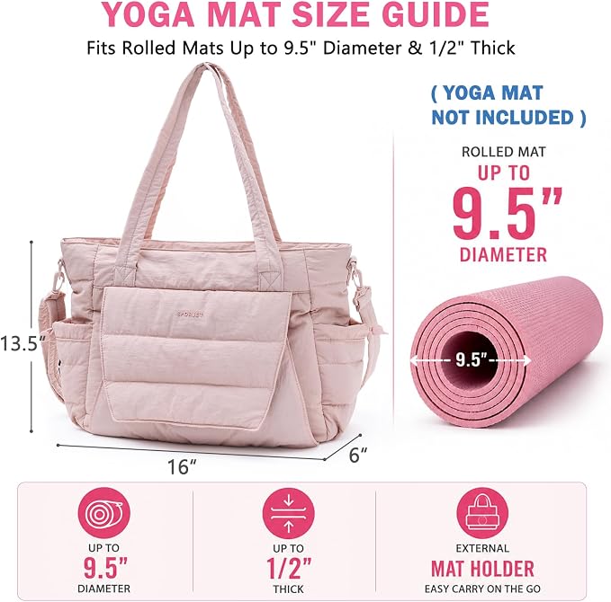 Yoga Tote Bag for Women with Yoga Mat Holder & Luggage Sleeve, Large Pilates Gym Bag with 16" Laptop Compartment, Lightweight Puffer Quilted Travel Tote with Water Bottle Pockets for Work