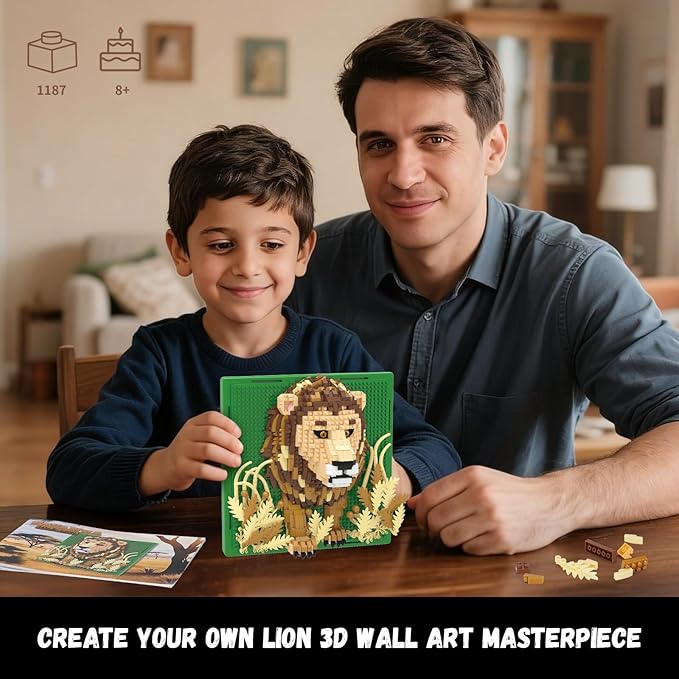 Lion Animal 3D Wall Art Micro Mini Building Blocks Set, Unique Home Wall Decor or Table Display, No Compatible with Lego Set, Ideal Gift Toy for Adults Boys Girls (1187 PCS)