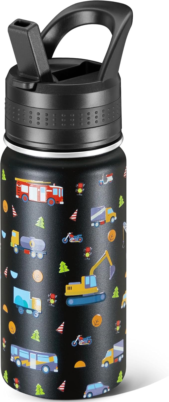 Kids Water Bottle,14oz Stainless Steel Insulated Water Tumbler Leak-Proof,School Water Mug,Small and Portable,Suitable for Boys and Girls to Use(Black cartoon car)