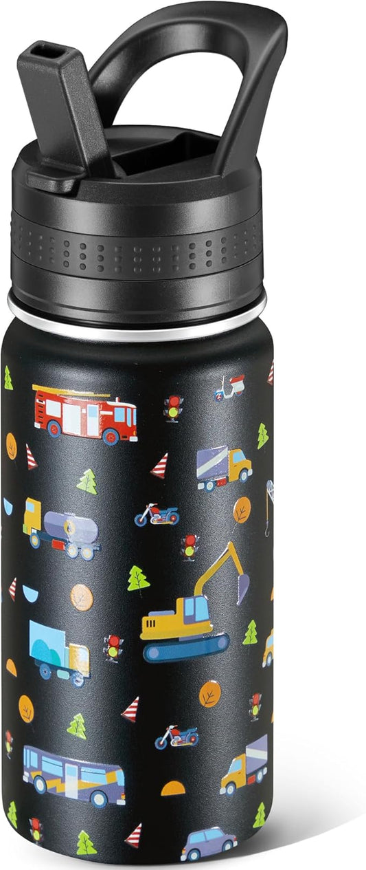 Kids Water Bottle,14oz Stainless Steel Insulated Water Tumbler Leak-Proof,School Water Mug,Small and Portable,Suitable for Boys and Girls to Use(Black cartoon car)