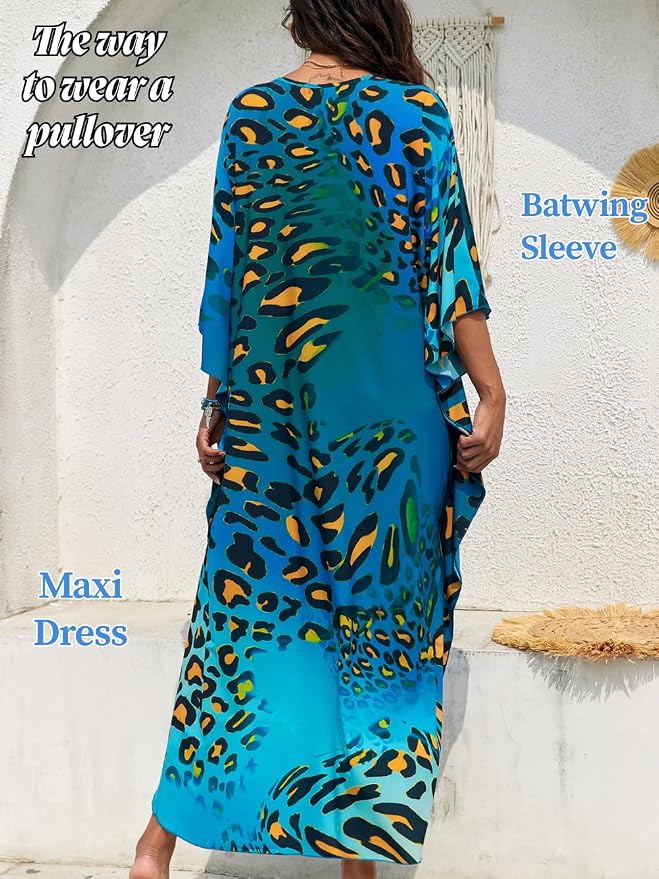 ChiaoLezhee Print Moo-Moos for Women, Kaftan Cover-Up Dresses, Sexy V-Neck High-Slit, Beach Pool-Party Coverups Muumuu Plus