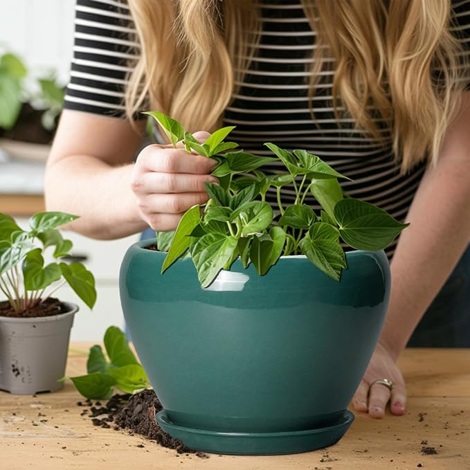 Ceramicfor 8 Inch Plant Pot - Ceramic Planter for Indoor Outdoor Plants, Glaze Modern Round Ceramic Flower Pot with Drainage Hole and Saucer, Gifts for Plant Lover, Home Office Patio Decor, Green
