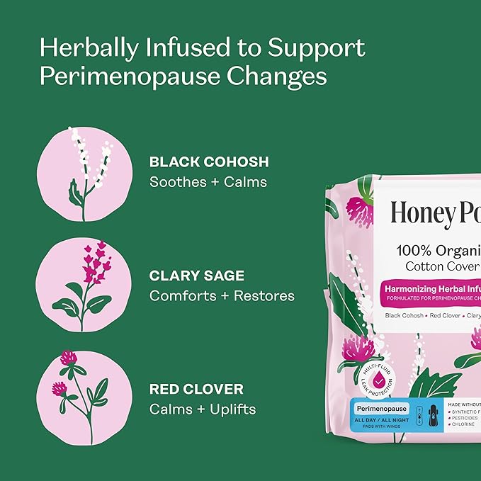 Honey Pot - Perimenopause All Day All Night Pads for Women - 100% Organic Cotton Top Sheet - Feminine Care - Multi-Fluid Absorbency - Harmonizing Herbs of Black Cohosh, Clary Sage, & Red Clover - 44ct