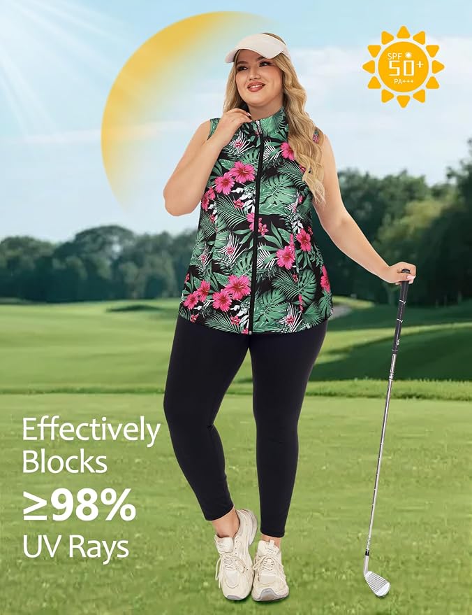 Misyula Style Plus Size Womens Golf Shirt Full-Zip with Pockets Tank Tops | Sleeveless, Quick Dry, Moisture-wicking, Lightweight Vests, Athletic, Tennis, Running, Workout, Casual, Travel, Work