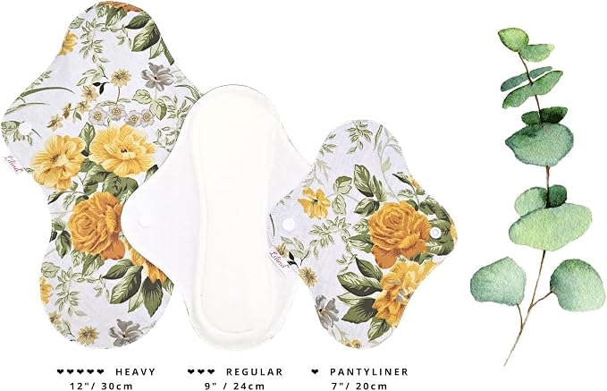 Lilind® 6 Pack Organic Cloth Pads, Regular 9 inch 100% Cotton Reusable Menstrual Sanitary Napkins, Free Wet Bag, Complete Set, Zero Waste