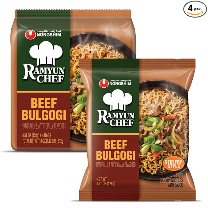 Nongshim Ramyun Chef, Stir Fry Style Instant Ramyun Noodles with Sauce Mix, Beef Bulgogi, 4.51 Oz (Pack of 4)