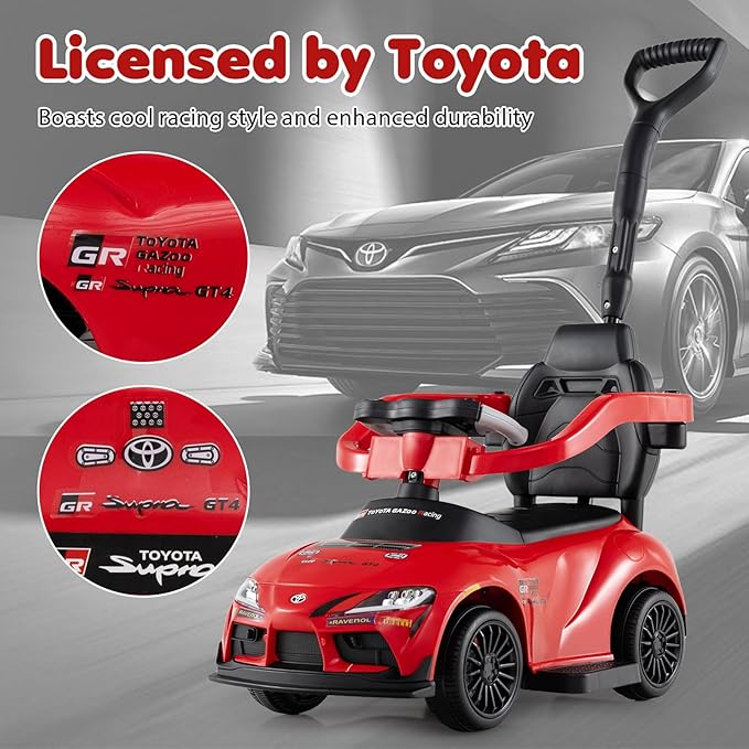 Costzon Push Car for Toddlers, 3 in 1 Toyota Licensed Stroller Sliding Walking Car w/Handle, Music, Safety Guardrail, Under-Seat Storage, Foot-to-Floor Kids Ride On Toys for Boys Girls (Red)