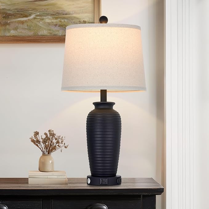 CINSARY 25" Retro Black Farmhouse Jar Table Lamps, 3 Way Touch Control Rustic Bedside Lamps with USB A+C Ports & AC Outlet, Pot Nightstand Lamps for Bedroom Living Room (LED Bulbs Included)