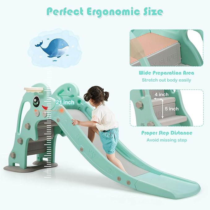 BABY JOY Toddler Slide, Kids Large Slide Play Climber Set with Long Slipping Slope, Basketball Hoop and Ball, Enclosed Steps, Easy Assemble Indoor Outdoor Backyard Freestanding Slides for Kids Age 1-8