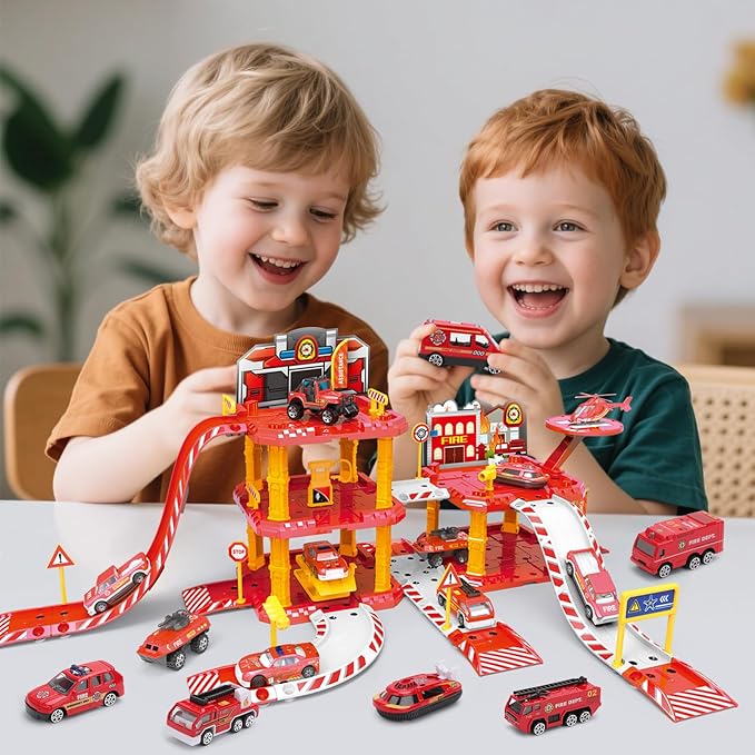 deAO Fire Station Toy Truck Car Race Tracks Vehicle Set Firefighting Playset Fire Station Pretend Play Toy with City Map Helicopter, Preschool Learning Educational Toys Birthday Gifts for Boys Girls