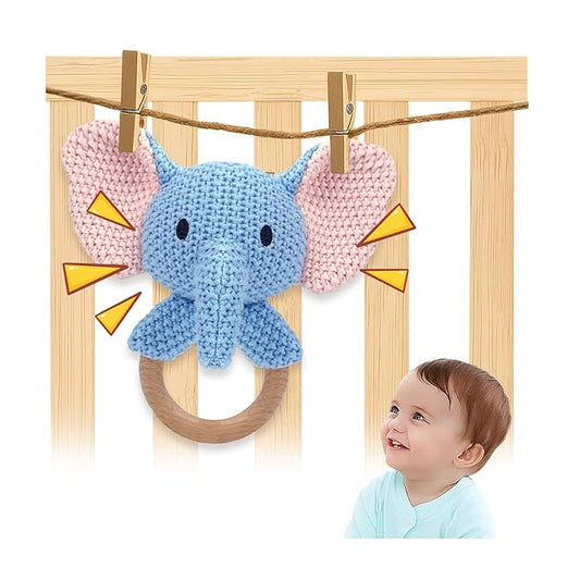 Elephant Baby Rattle Teething Ring Cute Jungle Animal Sensory Toy for Baby Boys Girls 0-3 Months Knitted Crochet Plush Stuffed Texture Montessori Grasping Shaker Stroller Travel Gift
