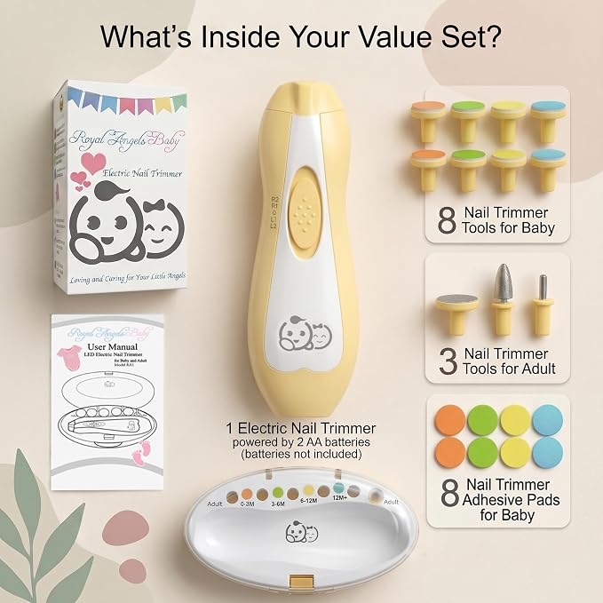 Royal Angels Upgraded 21 in 1 Baby Nail Trimmer with Labeled Case, 13 Extra Replacement Pads, Safe Electric Baby Nail File Kit for Newborn & Toddler, Whisper Quiet Nail Clipper with LED Light (Yellow)