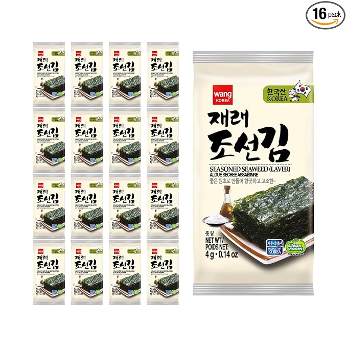 Wang Korean Seaweed Snacks Original, Crispy Roasted Seaweed Sheets | Healthy Sea Weed Snack, Keto, Vegan, Gluten-Free, Pack of 16