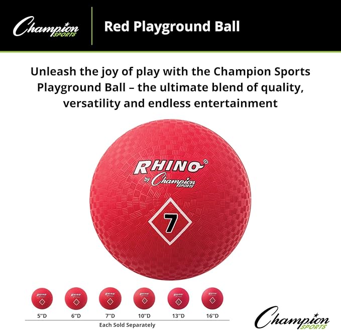 Champion Sports Playground Ball – High-Bounce 2-Ply Construction, Durable Red Ball for Throwing, Catching & Kicking - Multiple Sizes (5", 6", 7", 10", 13", 16")