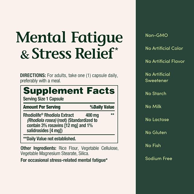 Nature's Bounty Mental Fatigue and Stress Relief, Rhodiola Supplement, 400 mg, Capsules, 30 Count