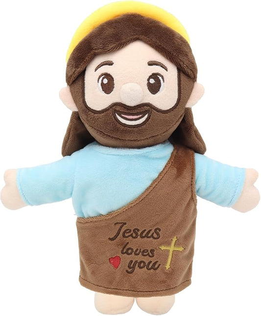 Jesus Plush 10", Jesus Plush Stuffed Doll with Halo, White-Skinned Big-Eyed Cute Plushie Gifts for Kids, Christian Stuff Religious Party Toys for Church Easter Christmas Baptisms Favors