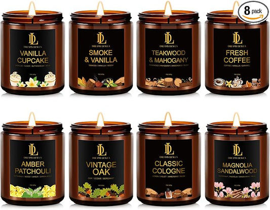 8 Pack Candles for Home Scented, Scented Candles Gifts Set for Women Men, 56 oz Soy Candle Set, Scents of Teakwood/Smoke Vanilla/Cologne/Coffee/Patchouli/Oak/Sandalwood/Cupcake