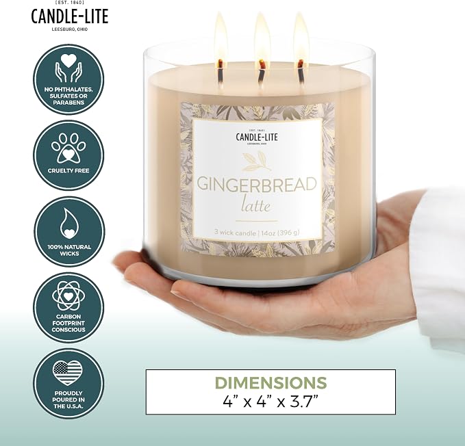 Candle-lite Holiday Scented Candles, Gingerbread Latte Fragrance, 14 oz 3-Wick Jar Candle, Proudly Poured in USA, Christmas Home Decor Candle, 40 Hours of Burn Time, Holiday Gift for Men and Women