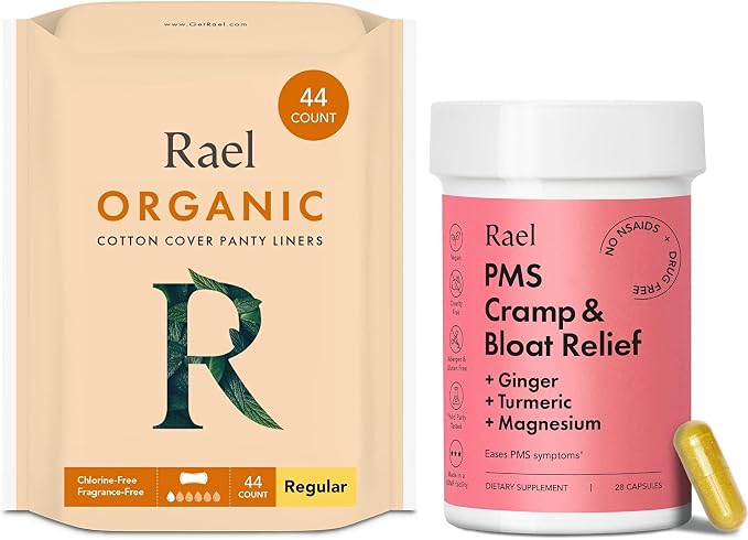 Rael Bundle - Organic Cotton Cover Panty Liners (Regular, 44 Count) & PMS Supplement for Women (28 Capsules)